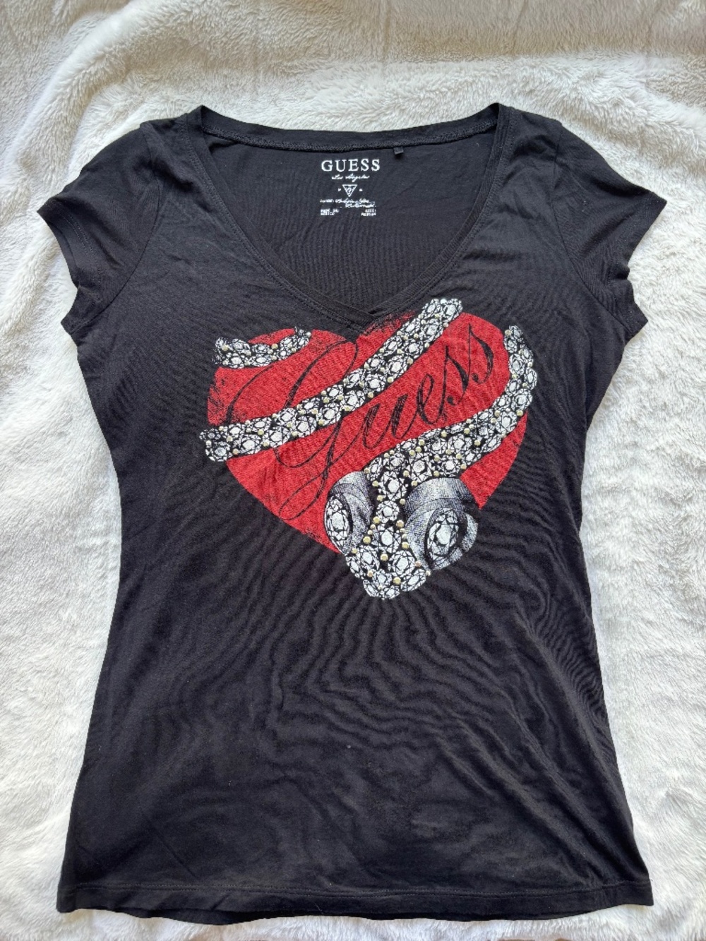 Guess Black V-Neck Tee with Red Heart & Rhinestone-Embellished Snake